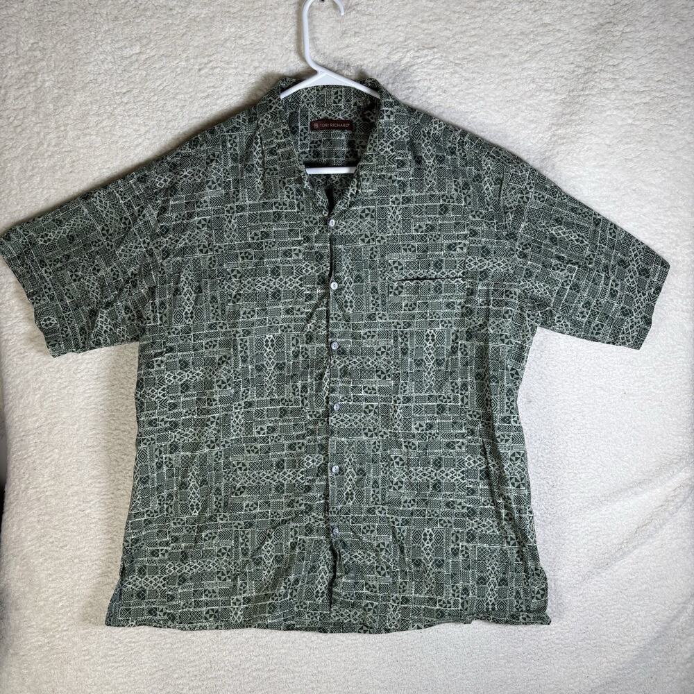 Tori Richard Shirt Mens XL Green Hawaiian Tribal Cotton Abalone Buttons